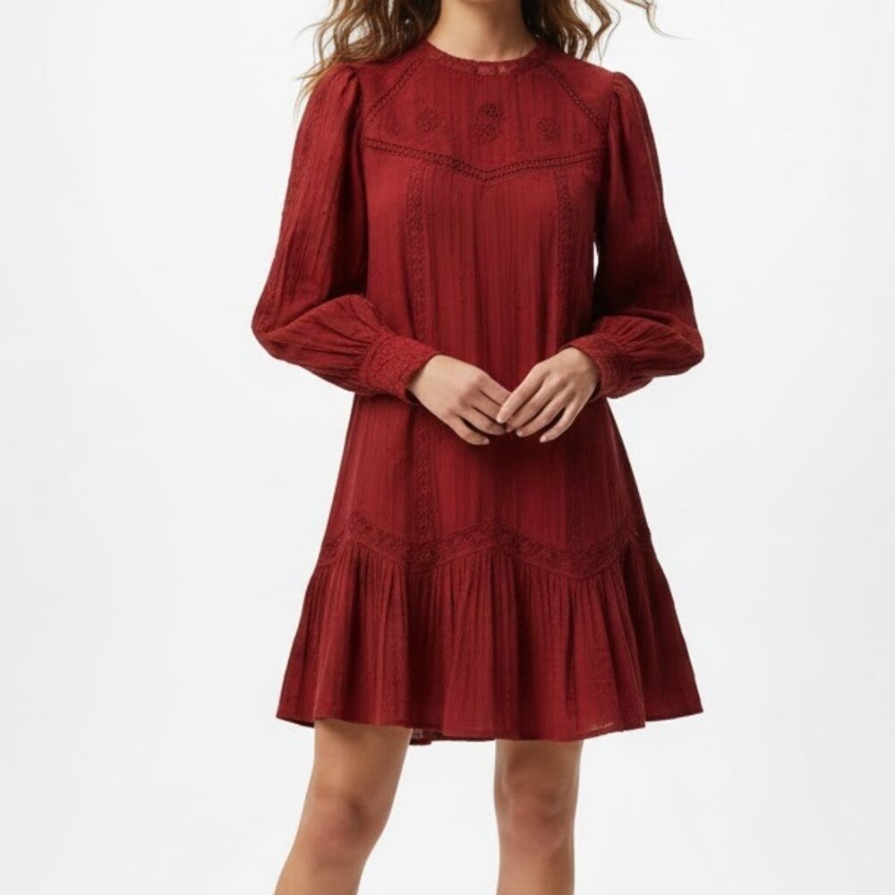 Zara Embroidered Mini Dress Red Burgundy Gauze Peasant Medium Like New